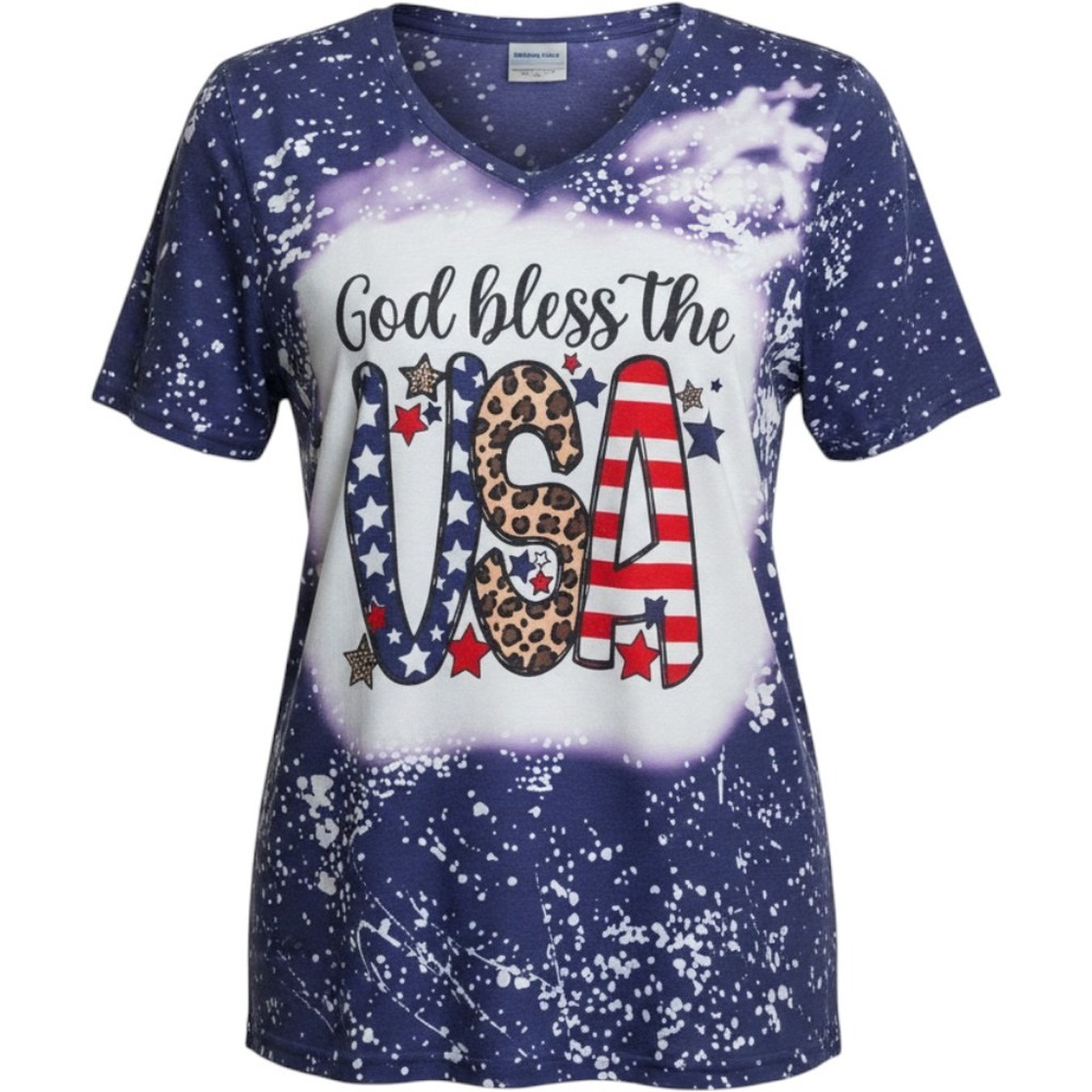 Southern Stitch God Bless the USA Bleached Graphic V-Neck Top Navy XXL